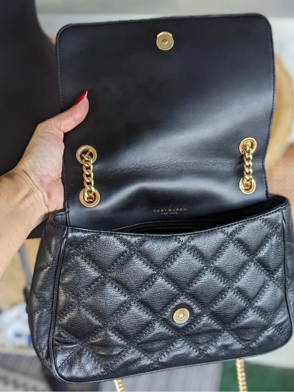 Tory Burch Black Quilted Leather Shoulder Bag with Gold Chain